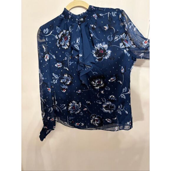 White House Black Market Floral Ruffle Neck Blouse Size 8 Blue Keyhole Long Slee - Picture 5 of 8